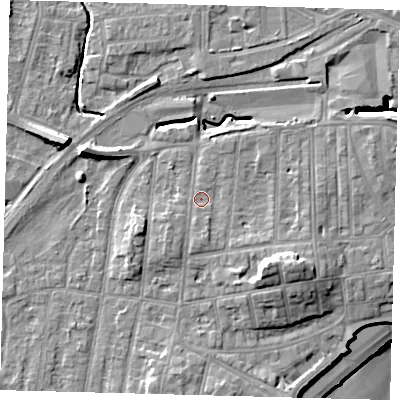 Shaded relief map of the ground around YO153HG, computed from Environment Agency LiDAR. The ground here sits at about 11 m above sea level and falls 16 m across the surrounding 800 m. Surface water reaching this point runs off ground lying to the south-east, 6.0 m higher.