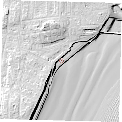 Shaded relief map of the ground around YO153JH, computed from Environment Agency LiDAR. The ground here sits at about 5 m above sea level and falls 19 m across the surrounding 800 m. Surface water reaching this point runs off ground lying to the west-south-west, 8.7 m higher.