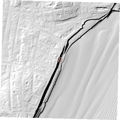 Shaded relief map of the ground around YO153LG, computed from Environment Agency LiDAR. The ground here sits at about 7 m above sea level and falls 19 m across the surrounding 800 m. Surface water reaching this point runs off ground lying to the west-south-west, 9.4 m higher.