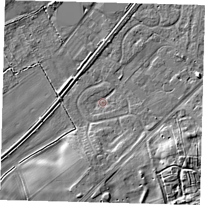 Shaded relief map of the ground around YO153LJ, computed from Environment Agency LiDAR. The ground here sits at about 9 m above sea level and falls 6 m across the surrounding 800 m. Surface water reaching this point runs off ground lying to the south, 4.1 m higher.