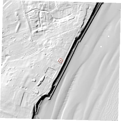 Shaded relief map of the ground around YO153LX, computed from Environment Agency LiDAR. The ground here sits at about 14 m above sea level and falls 18 m across the surrounding 800 m. Surface water reaching this point runs off ground lying to the west, 1.5 m higher.