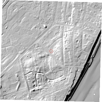 Shaded relief map of the ground around YO153NF, computed from Environment Agency LiDAR. The ground here sits at about 11 m above sea level and falls 17 m across the surrounding 800 m. Surface water reaching this point runs off ground lying to the east, 5.3 m higher.