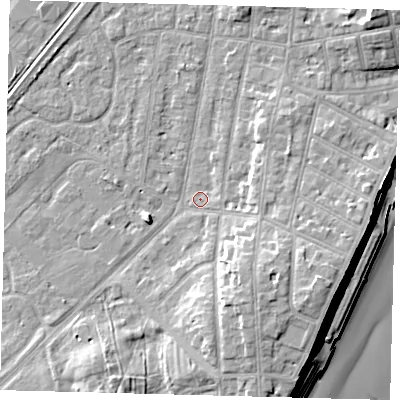Shaded relief map of the ground around YO153NH, computed from Environment Agency LiDAR. The ground here sits at about 10 m above sea level and falls 16 m across the surrounding 800 m. Surface water reaching this point runs off ground lying to the south-south-east, 6.1 m higher.