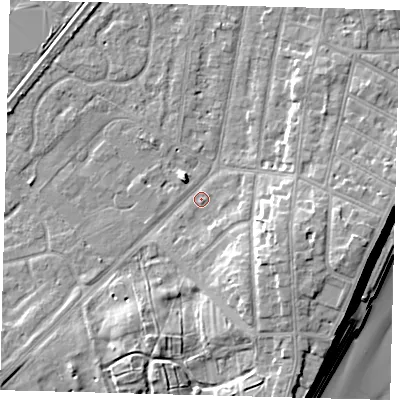 Shaded relief map of the ground around YO153NQ, computed from Environment Agency LiDAR. The ground here sits at about 10 m above sea level and falls 16 m across the surrounding 800 m. Surface water reaching this point runs off ground lying to the east-south-east, 7.1 m higher.