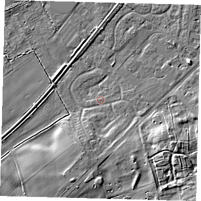 Shaded relief map of the ground around YO153NT, computed from Environment Agency LiDAR. The ground here sits at about 10 m above sea level and falls 6 m across the surrounding 800 m. Surface water reaching this point runs off ground lying to the south-south-west, 4.1 m higher.