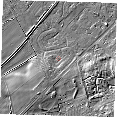 Shaded relief map of the ground around YO153NX, computed from Environment Agency LiDAR. The ground here sits at about 10 m above sea level and falls 6 m across the surrounding 800 m. Surface water reaching this point runs off ground lying to the south-west, 3.3 m higher.