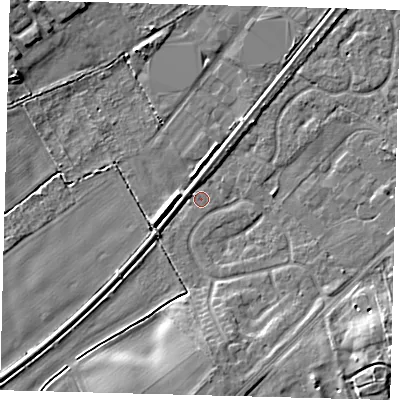 Shaded relief map of the ground around YO153NY, computed from Environment Agency LiDAR. The ground here sits at about 9 m above sea level and falls 6 m across the surrounding 800 m. Surface water reaching this point runs off ground lying to the west-south-west, 1.5 m higher.