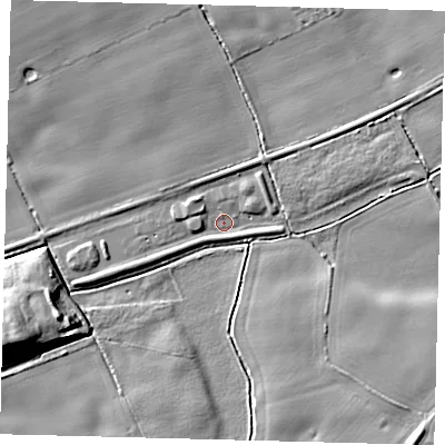 Shaded relief map of the ground around YO153PA, computed from Environment Agency LiDAR. The ground here sits at about 9 m above sea level and falls 16 m across the surrounding 800 m. Surface water reaching this point runs off ground lying to the west-north-west, 3.1 m higher.