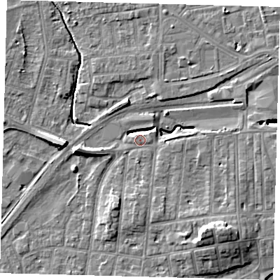 Shaded relief map of the ground around YO153PE, computed from Environment Agency LiDAR. The ground here sits at about 10 m above sea level and falls 11 m across the surrounding 800 m. Surface water reaching this point runs off ground lying to the north-east, 3.9 m higher.