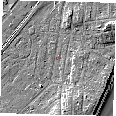 Shaded relief map of the ground around YO153PJ, computed from Environment Agency LiDAR. The ground here sits at about 10 m above sea level and falls 15 m across the surrounding 800 m. Surface water reaching this point runs off ground lying to the south-south-east, 6.6 m higher.