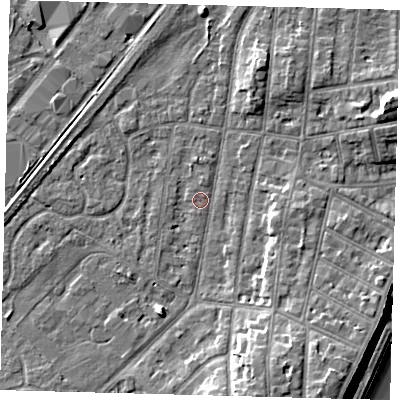 Shaded relief map of the ground around YO153PL, computed from Environment Agency LiDAR. The ground here sits at about 10 m above sea level and falls 14 m across the surrounding 800 m. Surface water reaching this point runs off ground lying to the south-south-east, 6.6 m higher.