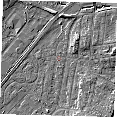 Shaded relief map of the ground around YO153PN, computed from Environment Agency LiDAR. The ground here sits at about 10 m above sea level and falls 10 m across the surrounding 800 m. Surface water reaching this point runs off ground lying to the east-south-east, 0.6 m higher.