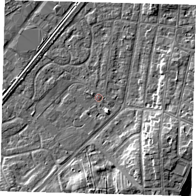 Shaded relief map of the ground around YO153PP, computed from Environment Agency LiDAR. The ground here sits at about 10 m above sea level and falls 14 m across the surrounding 800 m. Surface water reaching this point runs off ground lying to the south-east, 2.8 m higher.