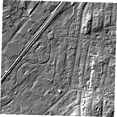Shaded relief map of the ground around YO153PR, computed from Environment Agency LiDAR. The ground here sits at about 10 m above sea level and falls 8 m across the surrounding 800 m. The ground contributing surface water to this point lies to the south-south-east.