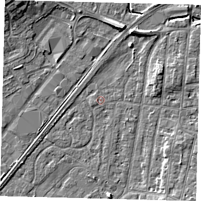 Shaded relief map of the ground around YO153PS, computed from Environment Agency LiDAR. The ground here sits at about 10 m above sea level and falls 10 m across the surrounding 800 m. Surface water reaching this point runs off ground lying to the west-south-west, 0.7 m higher.