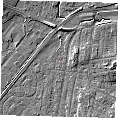 Shaded relief map of the ground around YO153PT, computed from Environment Agency LiDAR. The ground here sits at about 10 m above sea level and falls 10 m across the surrounding 800 m. Surface water reaching this point runs off ground lying to the north, 6.4 m higher.