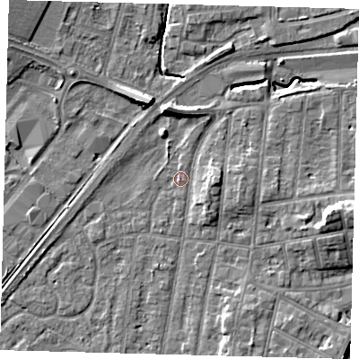 Shaded relief map of the ground around YO153PU, computed from Environment Agency LiDAR. The ground here sits at about 10 m above sea level and falls 10 m across the surrounding 800 m. Surface water reaching this point runs off ground lying to the north-north-west, 6.4 m higher.