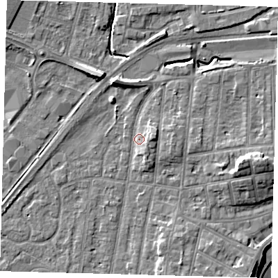 Shaded relief map of the ground around YO153PX, computed from Environment Agency LiDAR. The ground here sits at about 11 m above sea level and falls 13 m across the surrounding 800 m. Surface water reaching this point runs off ground lying to the north-north-west, 5.7 m higher.
