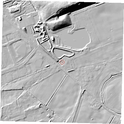 Shaded relief map of the ground around YO153QG, computed from Environment Agency LiDAR. The ground here sits at about 9 m above sea level and falls 19 m across the surrounding 800 m. Surface water reaching this point runs off ground lying to the north-west, 5.2 m higher.