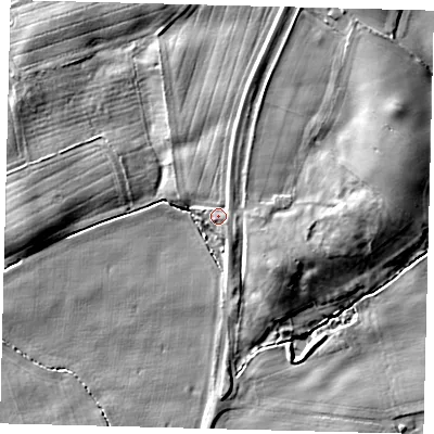 Shaded relief map of the ground around YO153QP, computed from Environment Agency LiDAR. The ground here sits at about 12 m above sea level and falls 8 m across the surrounding 800 m. Surface water reaching this point runs off ground lying to the north-east, 1.4 m higher.