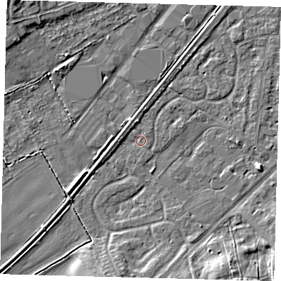 Shaded relief map of the ground around YO153TA, computed from Environment Agency LiDAR. The ground here sits at about 9 m above sea level and falls 6 m across the surrounding 800 m. Surface water reaching this point runs off ground lying to the north, 2.0 m higher.