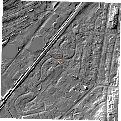 Shaded relief map of the ground around YO153TB, computed from Environment Agency LiDAR. The ground here sits at about 10 m above sea level and falls 8 m across the surrounding 800 m. Surface water reaching this point runs off ground lying to the north, 2.2 m higher.