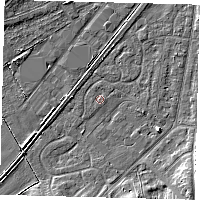 Shaded relief map of the ground around YO153TD, computed from Environment Agency LiDAR. The ground here sits at about 9 m above sea level and falls 6 m across the surrounding 800 m. Surface water reaching this point runs off ground lying to the north, 0.9 m higher.