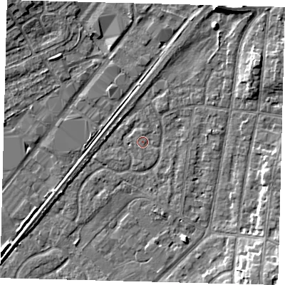 Shaded relief map of the ground around YO153TG, computed from Environment Agency LiDAR. The ground here sits at about 10 m above sea level and falls 7 m across the surrounding 800 m. Surface water reaching this point runs off ground lying to the north-east, 0.8 m higher.