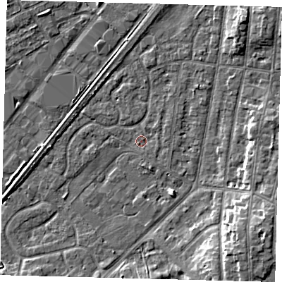 Shaded relief map of the ground around YO153TQ, computed from Environment Agency LiDAR. The ground here sits at about 10 m above sea level and falls 8 m across the surrounding 800 m. Surface water reaching this point runs off ground lying to the north-north-west, 2.2 m higher.