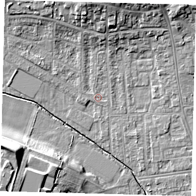 Shaded relief map of the ground around YO164AA, computed from Environment Agency LiDAR. The ground here sits at about 11 m above sea level and falls 21 m across the surrounding 800 m. Surface water reaching this point runs off ground lying to the north, 10.1 m higher.