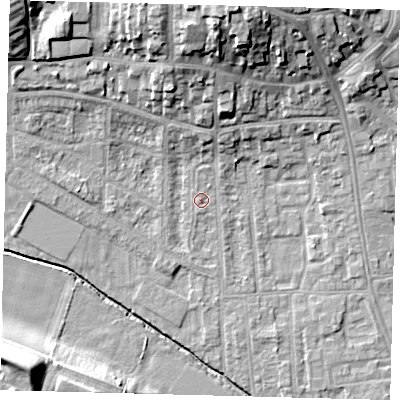 Shaded relief map of the ground around YO164AB, computed from Environment Agency LiDAR. The ground here sits at about 12 m above sea level and falls 20 m across the surrounding 800 m. Surface water reaching this point runs off ground lying to the north-north-east, 1.1 m higher.