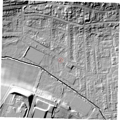 Shaded relief map of the ground around YO164AD, computed from Environment Agency LiDAR. The ground here sits at about 11 m above sea level and falls 20 m across the surrounding 800 m. Surface water reaching this point runs off ground lying to the north-west, 9.9 m higher.