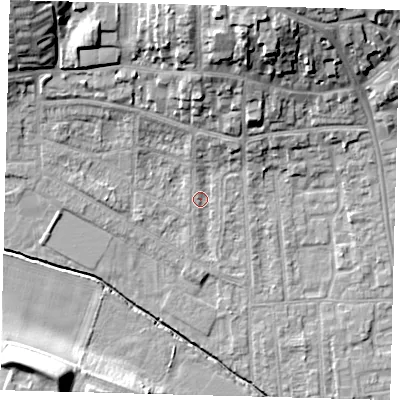 Shaded relief map of the ground around YO164AE, computed from Environment Agency LiDAR. The ground here sits at about 11 m above sea level and falls 20 m across the surrounding 800 m. Surface water reaching this point runs off ground lying to the north-north-east, 17.8 m higher.