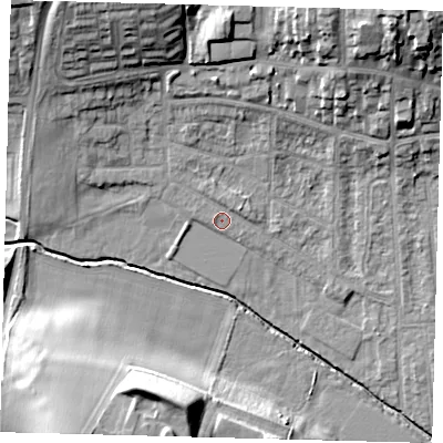 Shaded relief map of the ground around YO164AY, computed from Environment Agency LiDAR. The ground here sits at about 12 m above sea level and falls 20 m across the surrounding 800 m. Surface water reaching this point runs off ground lying to the north-west, 13.9 m higher.
