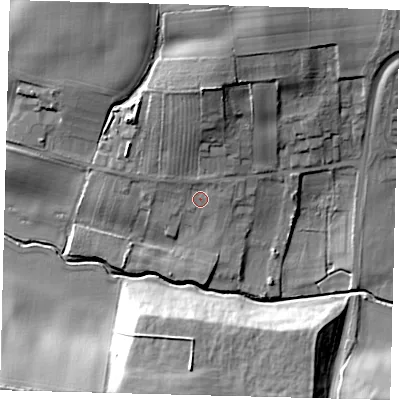 Shaded relief map of the ground around YO164DB, computed from Environment Agency LiDAR. The ground here sits at about 18 m above sea level and falls 23 m across the surrounding 800 m. Surface water reaching this point runs off ground lying to the north, 10.3 m higher.