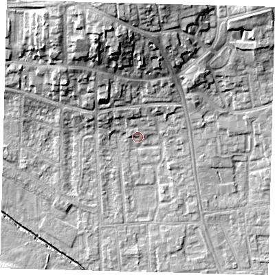 Shaded relief map of the ground around YO164EF, computed from Environment Agency LiDAR. The ground here sits at about 12 m above sea level and falls 20 m across the surrounding 800 m. Surface water reaching this point runs off ground lying to the north-north-west, 18.7 m higher.