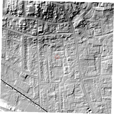 Shaded relief map of the ground around YO164EG, computed from Environment Agency LiDAR. The ground here sits at about 11 m above sea level and falls 20 m across the surrounding 800 m. Surface water reaching this point runs off ground lying to the north-north-west, 18.1 m higher.