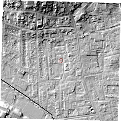 Shaded relief map of the ground around YO164EN, computed from Environment Agency LiDAR. The ground here sits at about 11 m above sea level and falls 18 m across the surrounding 800 m. Surface water reaching this point runs off ground lying to the north-north-west, 16.2 m higher.