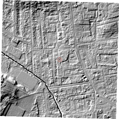 Shaded relief map of the ground around YO164EQ, computed from Environment Agency LiDAR. The ground here sits at about 11 m above sea level and falls 11 m across the surrounding 800 m. Surface water reaching this point runs off ground lying to the east, 1.0 m higher.