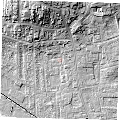 Shaded relief map of the ground around YO164ET, computed from Environment Agency LiDAR. The ground here sits at about 11 m above sea level and falls 20 m across the surrounding 800 m. Surface water reaching this point runs off ground lying to the north-north-west, 18.1 m higher.