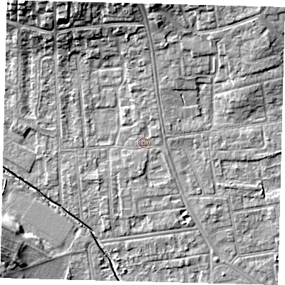 Shaded relief map of the ground around YO164EU, computed from Environment Agency LiDAR. The ground here sits at about 11 m above sea level and falls 11 m across the surrounding 800 m. Surface water reaching this point runs off ground lying to the north-north-east, 1.1 m higher.