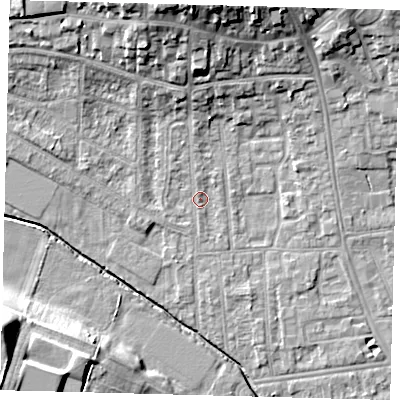 Shaded relief map of the ground around YO164HA, computed from Environment Agency LiDAR. The ground here sits at about 11 m above sea level and falls 20 m across the surrounding 800 m. Surface water reaching this point runs off ground lying to the north, 13.8 m higher.