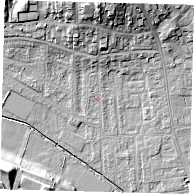 Shaded relief map of the ground around YO164HB, computed from Environment Agency LiDAR. The ground here sits at about 11 m above sea level and falls 20 m across the surrounding 800 m. Surface water reaching this point runs off ground lying to the north, 17.5 m higher.