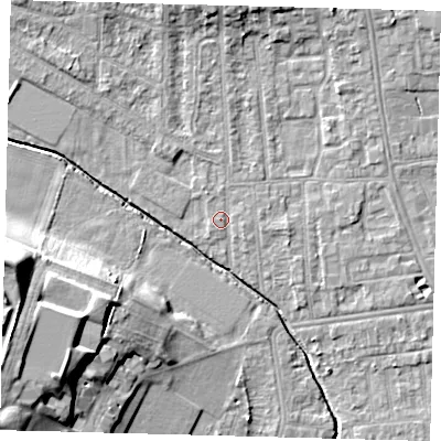 Shaded relief map of the ground around YO164HD, computed from Environment Agency LiDAR. The ground here sits at about 11 m above sea level and falls 21 m across the surrounding 800 m. Surface water reaching this point runs off ground lying to the east-south-east, 0.8 m higher.