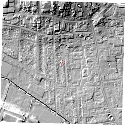 Shaded relief map of the ground around YO164HF, computed from Environment Agency LiDAR. The ground here sits at about 11 m above sea level and falls 19 m across the surrounding 800 m. Surface water reaching this point runs off ground lying to the north, 17.5 m higher.