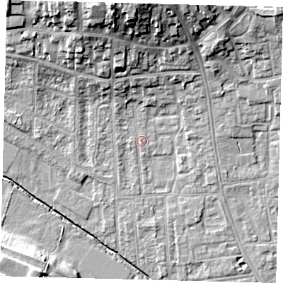 Shaded relief map of the ground around YO164HG, computed from Environment Agency LiDAR. The ground here sits at about 11 m above sea level and falls 19 m across the surrounding 800 m. Surface water reaching this point runs off ground lying to the north-north-west, 17.5 m higher.
