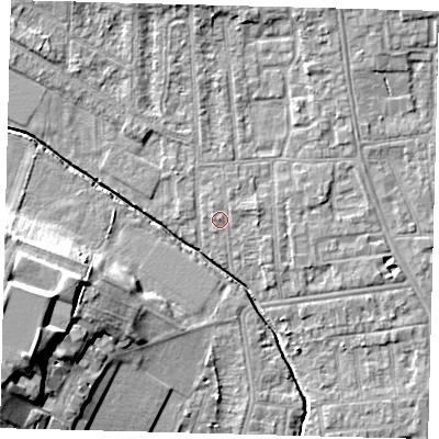 Shaded relief map of the ground around YO164HH, computed from Environment Agency LiDAR. The ground here sits at about 11 m above sea level and falls 17 m across the surrounding 800 m. Surface water reaching this point runs off ground lying to the north-north-west, 0.6 m higher.