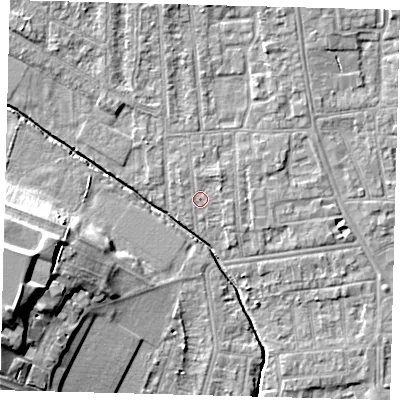 Shaded relief map of the ground around YO164HJ, computed from Environment Agency LiDAR. The ground here sits at about 11 m above sea level and falls 17 m across the surrounding 800 m. Surface water reaching this point runs off ground lying to the north-east, 1.2 m higher.
