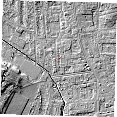 Shaded relief map of the ground around YO164HL, computed from Environment Agency LiDAR. The ground here sits at about 11 m above sea level and falls 13 m across the surrounding 800 m. Surface water reaching this point runs off ground lying to the north-east, 1.0 m higher.