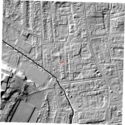 Shaded relief map of the ground around YO164HN, computed from Environment Agency LiDAR. The ground here sits at about 11 m above sea level and falls 15 m across the surrounding 800 m. Surface water reaching this point runs off ground lying to the north-west, 0.7 m higher.
